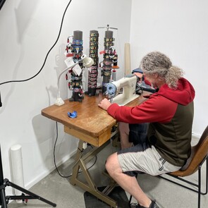 Irish at work sewing the Hydrohuk bands together.