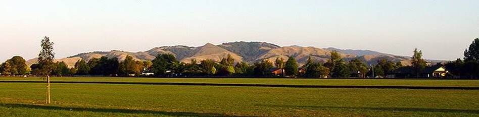 Mt Maungatautari lies to the south-west of the town, behind the Roto-o-Rangi Hills, which are seen here on a summer's evening.