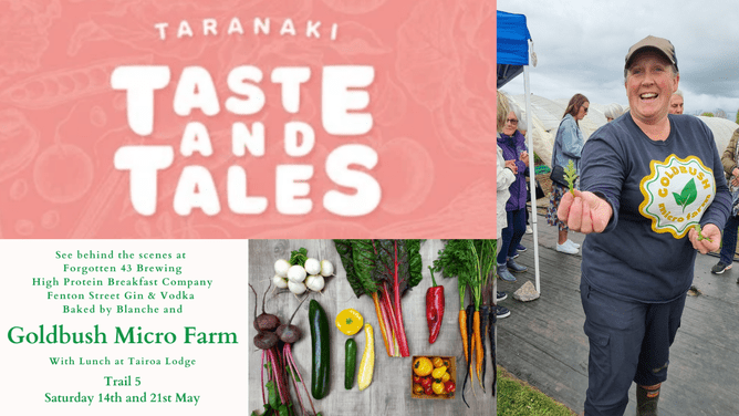 Taste and tales logo trail 5 list and Michelle smiling in Goldbush t-shirt