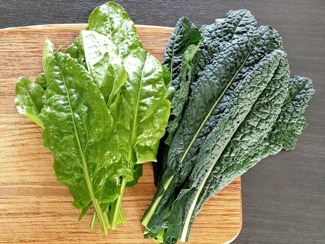 Sorrel and kale on chopping board