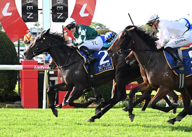 Group One winner Pulchritudinous breaks through for her first win on Australian soil in the Gr.3 Magic Millions Fillies & Mares Mile (1600m) at Doomben. - Photo: Grant Peters