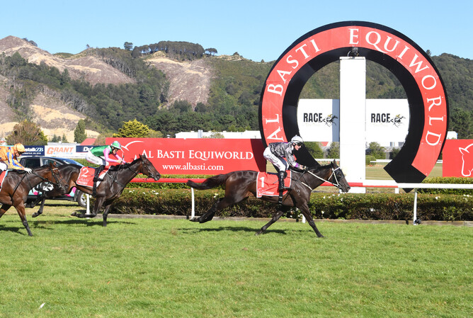 Pulchritudinous and Warren Kennedy soar to Group One Glory in the Al Basti Equiworld Dubai New Zealand Oaks (2400m) at Trentham on Saturday. - Peter Rubery (Race Images Palmerston North)