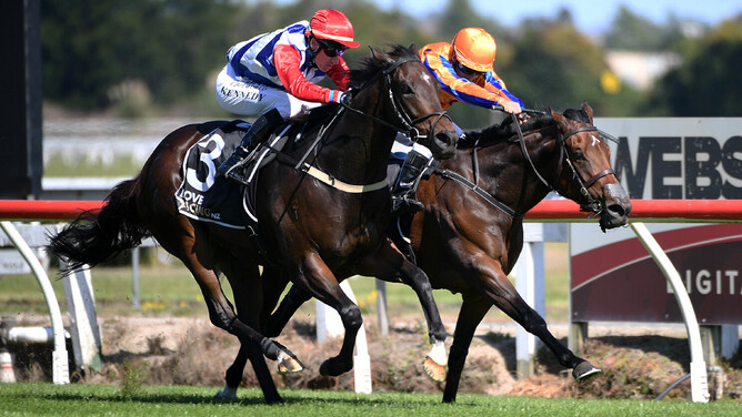 Midnight Edition (outside) fighting out the finish of the Forsman Racing 3YO (1200m) with Celestial Wonder on Sunday at Te Rapa Photo: Kenton Wright (Race Images)