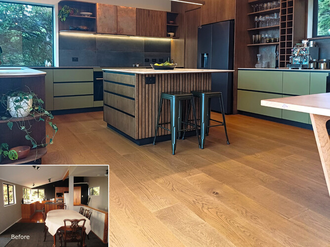 Before and after image of a modern kitchen space showing the new French oak natural floor.
