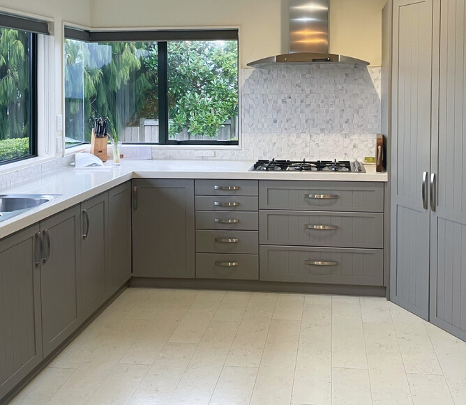 A floating cork floor in a new zealand kitchen.