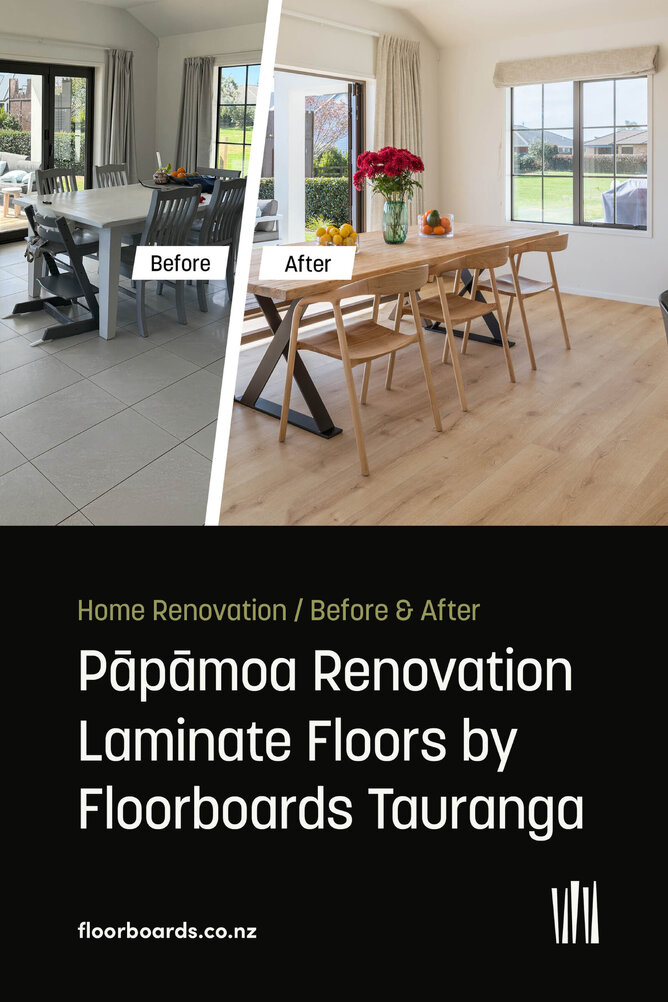 Before and after image showing new laminate floors in a papamoa dining room