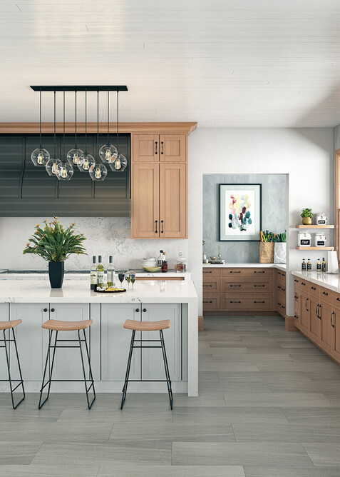 Light grey vinyl hybrid floor in a country styled kitchen.