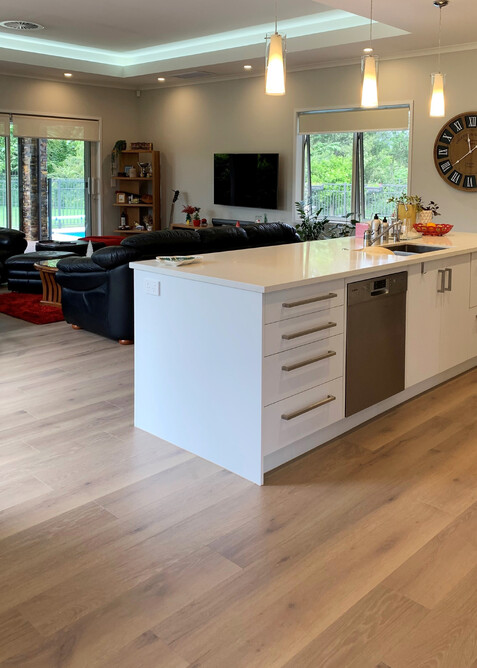 Medium brown corkwood planks in a kitchen renovation.