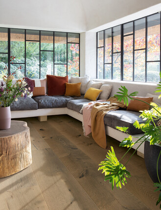 Rustic timber flooring in a modern lounge with large windows.