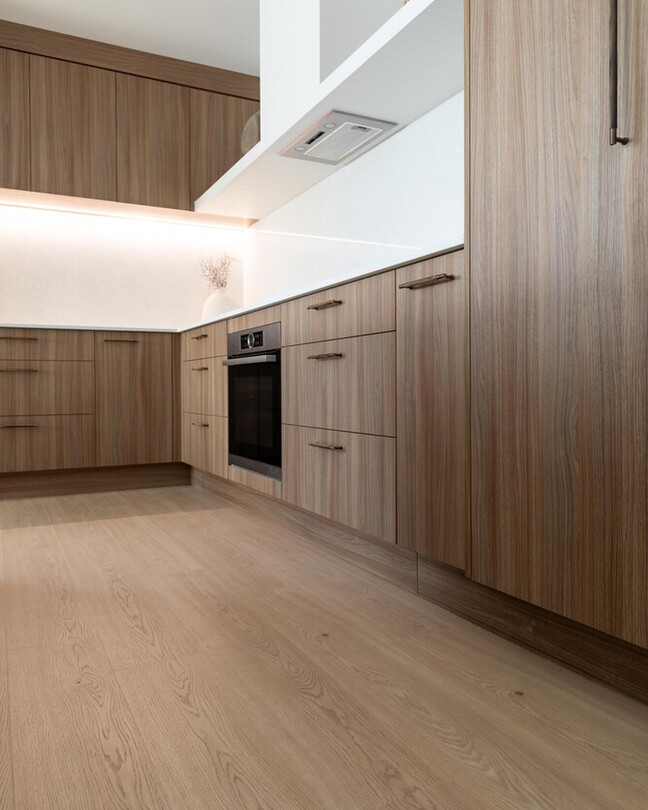 Laminate wood look floor in a bathroom.