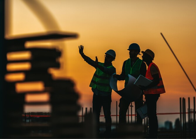 Three tradesman looking at plans on a building site with the sun setting in the background