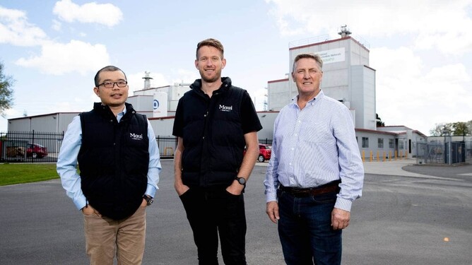 Maui Milk staff: Supply Chain Manager Kyle Zhang; GM Milk Supply Tom Woutersen and GM Genetics and Breeding Peter Gatley. STUFF / Tom Lee