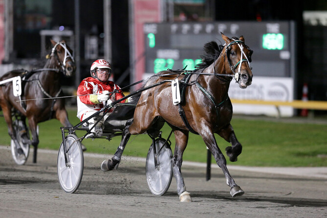 TAB Trot slot holder Aldebaran Lodge’s Aldebaran Zeus winning the Group One Turf Bar Waikato Flying Mile Trot on Grins Night of Champions 2023. - Photo: Trish Dunell
