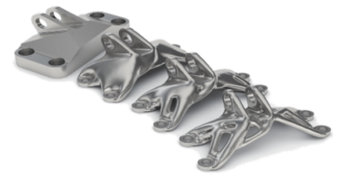 Generative Design Iterations - Left: machined from solid. Right: 3D printed metal. Same required strength - less mass