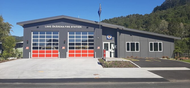 NZFS Lake Ōkāreka fire station with new sectional garage doors