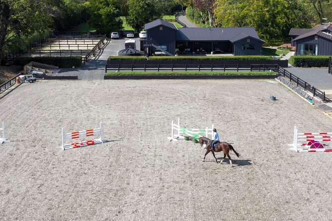 Lady and horse ride across arena with show jumps
