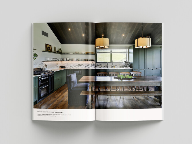 A magazine spread from Harrison Lane's brochure showing a luxurious kitchen