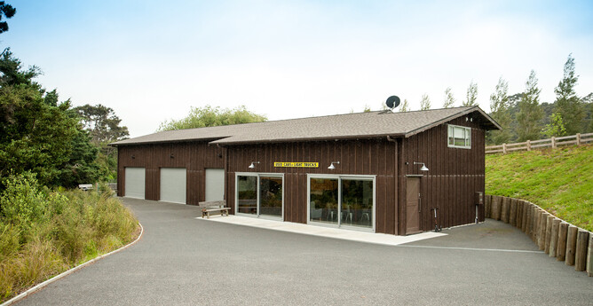Set back view of the Berkely timber barn