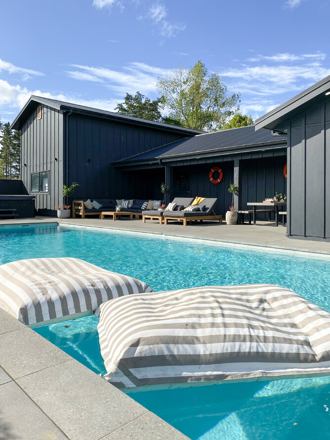 Afternoon sun hits the pool pavilion area