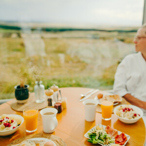 Breakfast enjoyed inside a SkyScape cabin overlooking the Mackenzie Basin