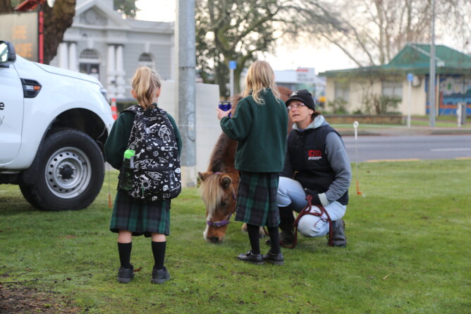 Libby Bublitz and Caramello meets come local children on their way to school - Photo: Picket Fence