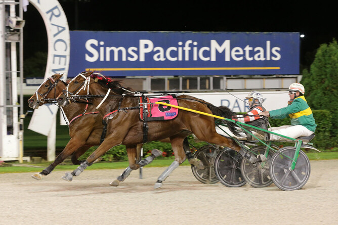 Lemond (closest to camera) pictured winning at Alexandra Park in April 2019. - Photo: Trish Dunell