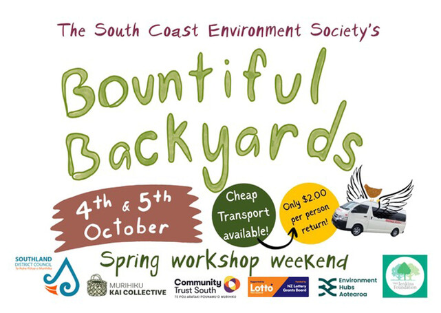 Image of the South Coast Environment Society's Bountiful Backyards Spring Workshop Weekend advertisement.