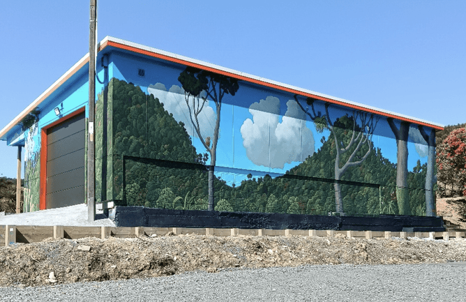 Image of CUE Haven's newly renovated secure garage and storage area with Doug Ford's New Zealand inspired mural painting.