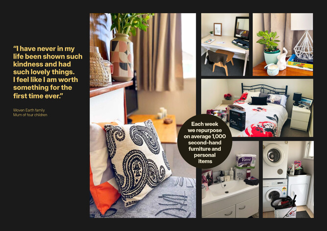 Woven Earth, sponsored by The Jenkins Foundation. Images of newly furnished homes for families of domestic violence. 