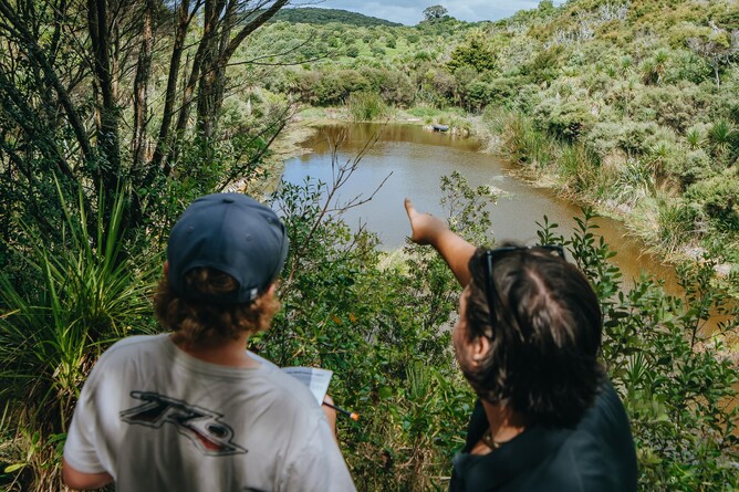 Image of two males exploring Rotoroa Island’s Education Programme. Supported by The Jenkins Foundation. New Zealand.