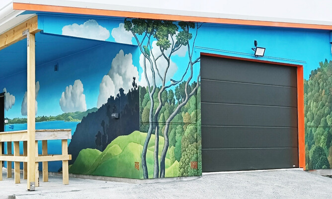 Image of CUE Haven's newly renovated secure garage and storage area with Doug Ford's New Zealand inspired mural painting.