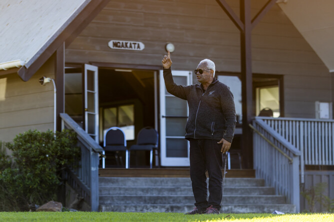 Karakia, waiata and mihi whakatau from Ngāti Paoa standing in front of the marae before release of the Kiwis on Waiheke Island in May 2025