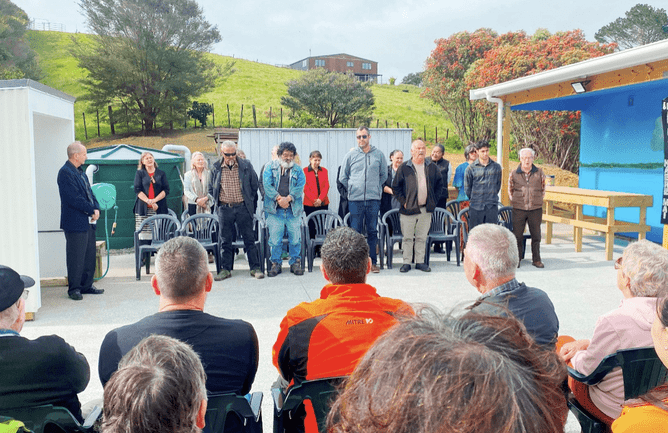 Image elders of local hapu, Ngāti Rango of Ngāti Whātua blessing the new secure garage and storage shed at CUE Haven's community forest.