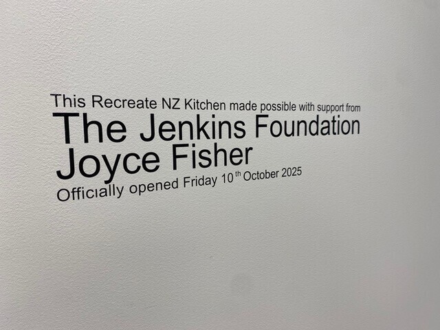 Image of signage on the wall, officially acknowledging The Jenkins Foundation for their support for the new Recreate NZ kitchen.