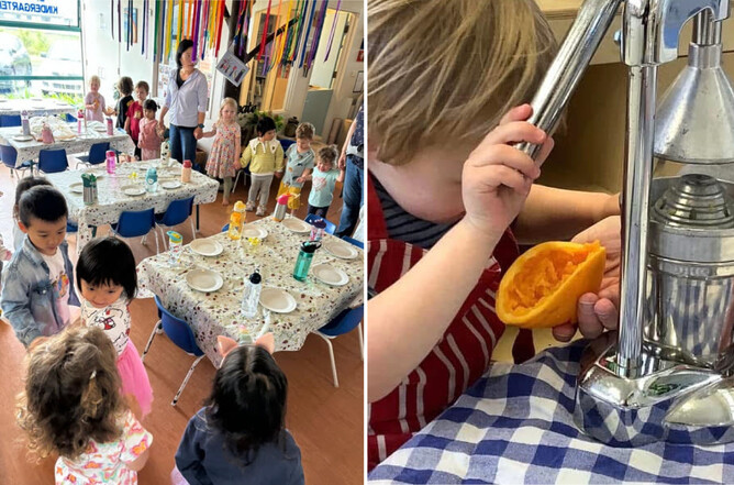 Image of a preschooler juicing an orange, and other preschoolers getting ready to eat in the Garden To Table Early Years Programme 2025.