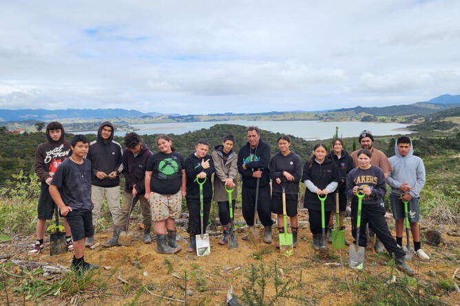 Image of Te Kura Taumata o Panguru: Planting day. Manawatawa Native Restoration Project. Community project funded by The Jenkins Foundation. New Zealand.