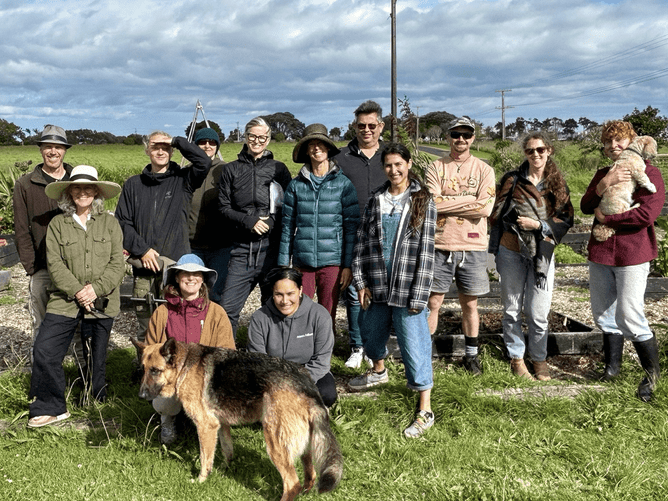 Image shows participants on the The Love of Bees Communities of Regenerative Learning Programme. The Jenkins Foundation. Auckland, New Zealand.