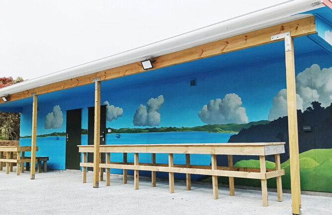 Image of CUE Haven's newly renovated secure garage and storage area with Doug Ford's New Zealand inspired mural painting.