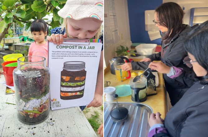 Image of two preschoolers making compost in a jar. Second image of teachers prepping kai for the Garden To Table Early Years Programme 2025.