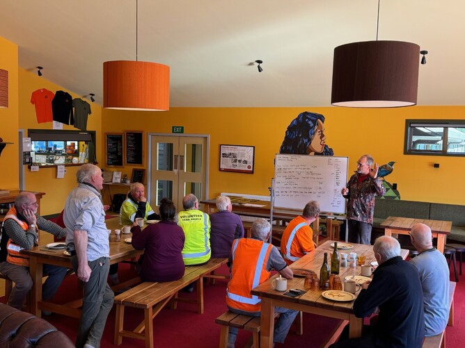 Friends of Timber Trail Crew planning the days work at the Timber Trail Lodge July 2024