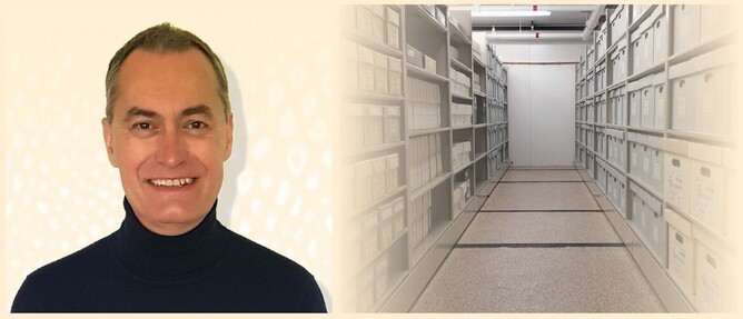 Photo of speaker Chris Woods and a photo of an archival storage room.