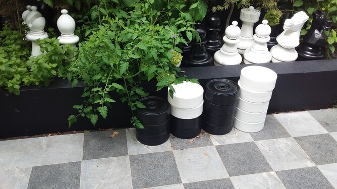 A garden design idea for a family garden showing an area of grey and white checkerboard paving that is used as an outdorr chess board. It is part of a herb garden and there are edible plants in the background of the image