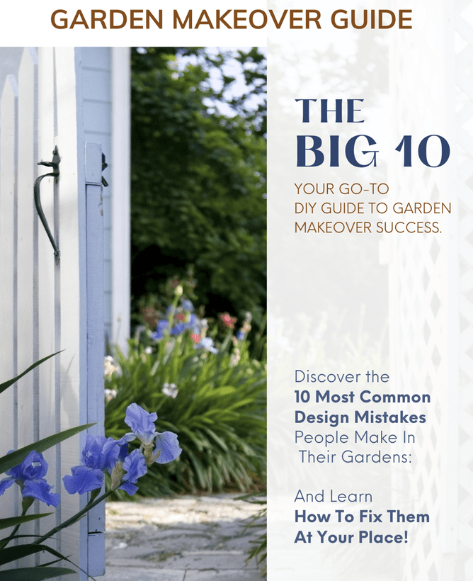 The cover of a garden makeover ebook by Auckland garden designer Kerry Speirs. It shows a white garden gate opening in a flower garden filled with blue and white flowering plants. 