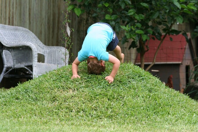 A garden design idea for a family garden showing a young boy doing a forward roll on a small grass mound in a childrens garden. There is a garden seat and a playhouse in the background. 