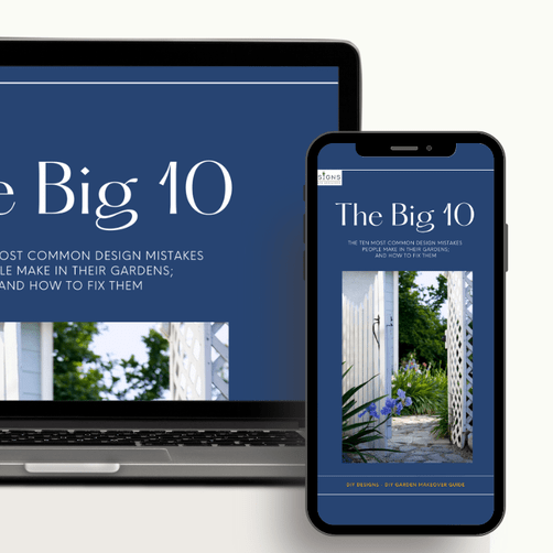 A mobile phone showing a mood board of garden images depicting a scandi themed garden. Theres a bit of advertising text to the right hand side.