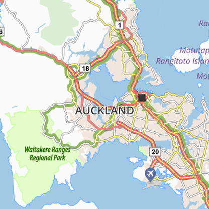 A close up of a coloured 2D map showing Auckland, New Zealand. 