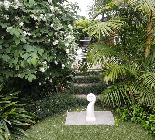 An Auckland garden designed by Kerry Speirs. It has leaf green palms and  white flowering shrubs in the background. A stepping stone path leads through the planting and there is a small white koru sculpture on the fisrt paver.