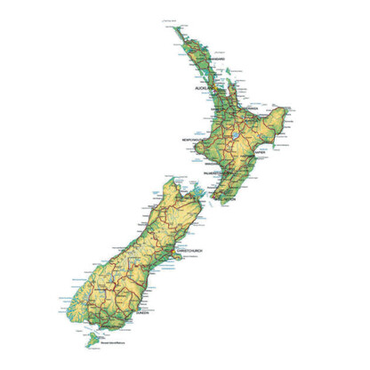 A close up of a coloured 2D map showing New Zealand. 