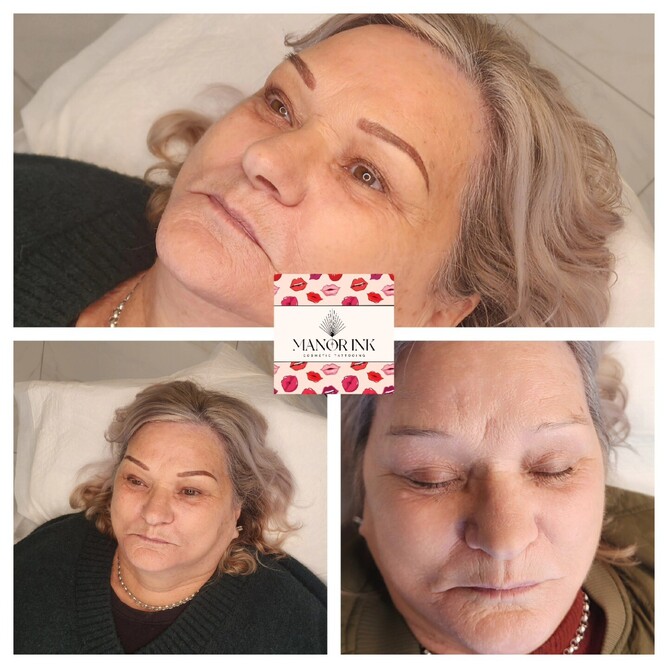 Beautiful mature lady with brow tattoos