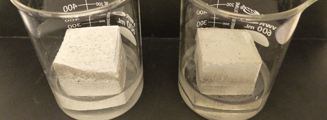 Waterproofing Crystalline Admixtures - Krystol Internal Membrane  (left hand photo) growing crystals when exposed to water